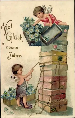 Präge Ak Glückwunsch Neujahr, Engel, Vergissmeinnicht, Truhen