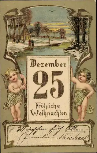 Präge Litho Glückwunsch Neujahr, Flusspartie, Engel, Kalender