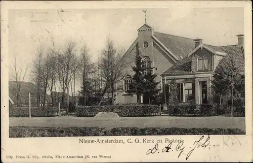 Ak Nieuw Amsterdam Drenthe, C.G. Kerk en Pastorie
