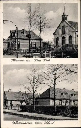 Ak Klazienaveen Drenthe, Herv. Kerk, School