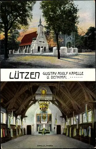 Ak Lützen im Burgenlandkreis, Gustav Adolf Kapelle und Denkmal, Außen- und Innenansicht