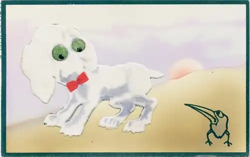 Stoff Ak Hund mit roter Schleife, Vogel mit großem Schnabel