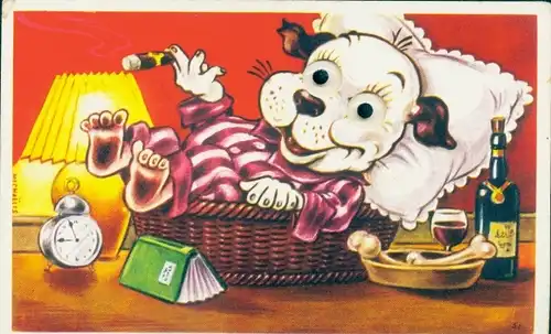 Material Künstler Ak Michaelis, Hund mit Zigarre und Wein im Körbchen