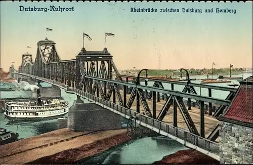 Ak Duisburg im Ruhrgebiet, Rheinbrücke zwischen Duisburg und Homberg, Dampfer