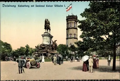 Ak Duisburg im Ruhrgebiet, Kaiserberg mit Denkmal Kaiser Wilhelm I., Oldtimer