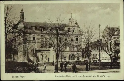 Ak Essen Ruhr, Limbecker Platz mit Krupp Denkmal und Krupp's Hotel