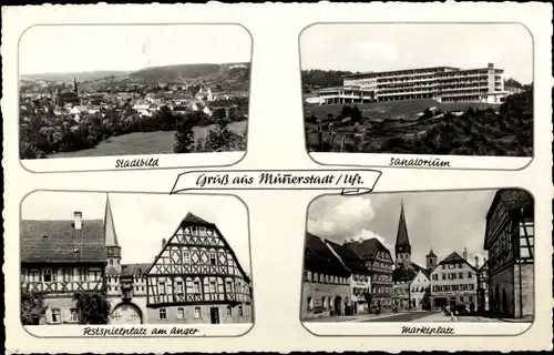 Ak Münnerstadt in Unterfranken Bayern, Stadtbild, Sanatorium, Festspielplatz am Anger, Marktplatz