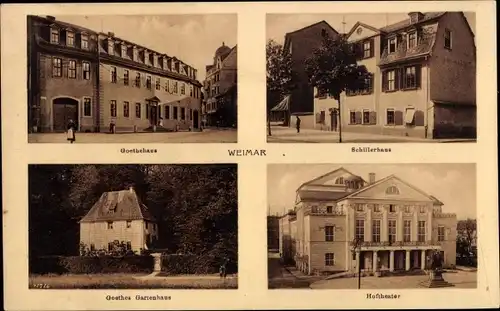 Ak Weimar in Thüringen, Goethehaus, Schillerhaus, Hoftheater, Goethes Gartenhaus