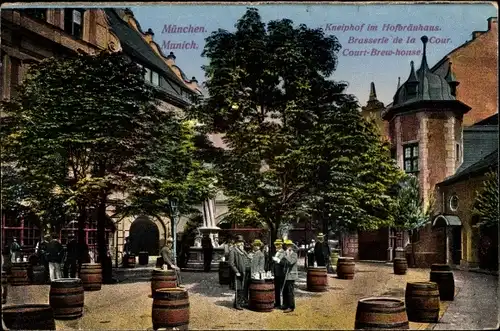 Ak München, Hofbräuhaus, Kneiphof, Fässer, Besucher