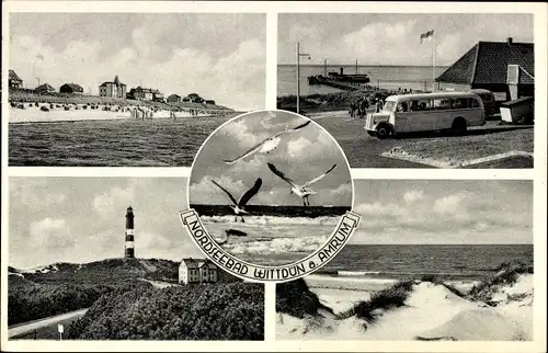 Ak Wittdün auf Amrum Nordfriesland, Leuchtturm, Strand, Dünen, Autobus