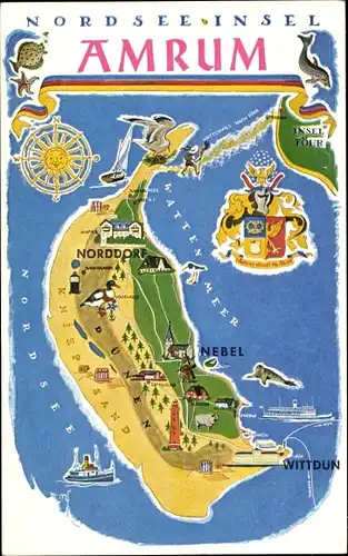 Landkarten Ak Insel Amrum in Nordfriesland, Norddorf, Nebel, Wittdün, Insel Föhr