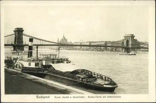 Ak Budapest Ungarn, Donaupartie mit Kettenbrücke