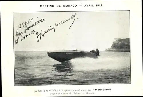 Ak Monaco, Meeting Avril 1912, Le Canot Motocratie, Essence Motricine, Coupe du Prince de Monaco