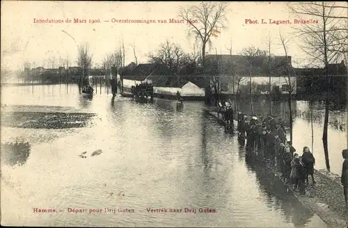 Ak Hamme Ostflandern, Depart pour Drij Goten, Inondations de Mars 1906, Overstroomingen