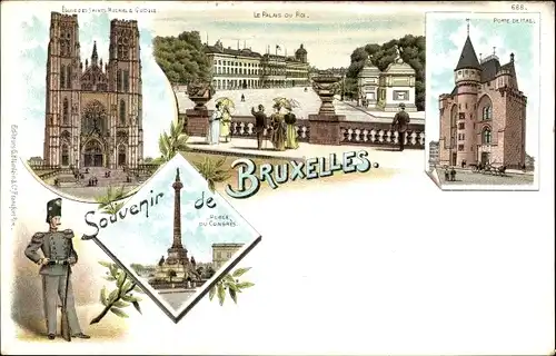 Litho Bruxelles Brüssel, le Palais du Roi, Eglise, La Porte de Hal