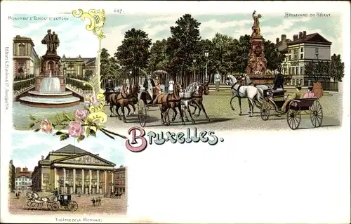 Litho Bruxelles Brüssel, Theatre de la Monnaie, Monument Egmont and Hornes, Boulevard