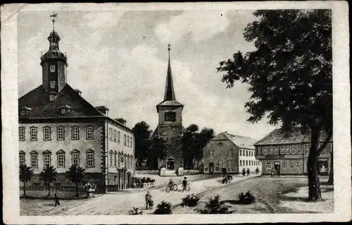 Künstler Ak Kölleda, Blick auf den Marktplatz mit Rathaus und Kirche