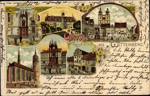 Litho Lutherstadt Wittenberg, Lutherhaus, Marktplatz, Denkmal, Schlosskirche, Melanchthonhaus