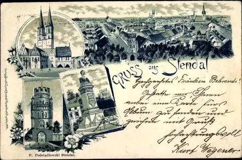 Litho Stendal in Sachsen Anhalt, Nachtigal Denkmal, Rathaus, Roland, St. Marien Kirche, Tor