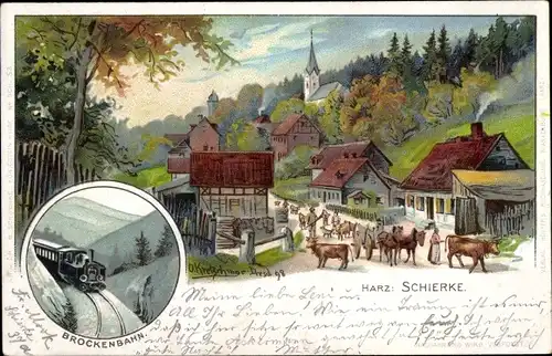 Künstler Litho Kretschmar, Schierke Wernigerode im Harz, Dorfpartie, Kühe, Brockenbahn