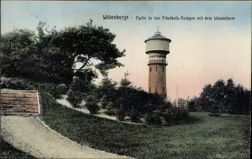 Ak Wittenberge an der Elbe Prignitz, Partie in den Friedhofsanlagen mit dem Wasserturm