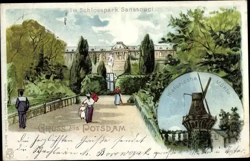 Litho Potsdam, Schloss Sanssouci, Schlosspark, Historische Mühle
