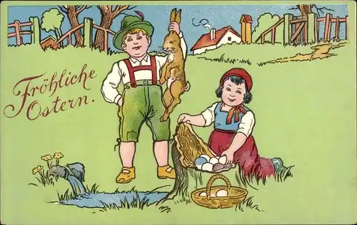 Präge Ak Glückwunsch Ostern, Junge hält Osterhase an den Ohren, Mädchen, Ostereier