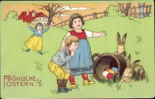 Litho Glückwunsch Ostern, Kinder finden Ostereier, Osterhasen