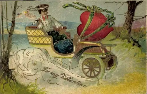 Präge Litho To my Valentine, Valentinstag, Frau im Automobil, Herz