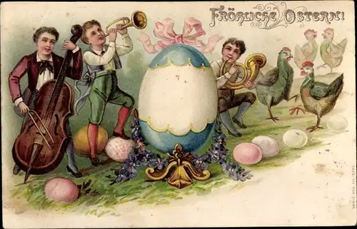 Präge Litho Glückwunsch Ostern, Osterei, Musikanten, Hühner