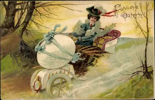 Präge Litho Glückwunsch Ostern, Frau im Automobil, Osterei