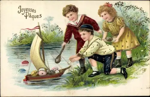 Präge Litho Glückwunsch Ostern, Joyeuses Paques, Kinder, Ostereier in Spielzeugboot