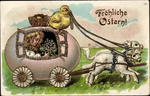 Präge Litho Glückwunsch Ostern, Kind in Kutsche aus Eierschale, Küken als Kutscher, Lämmer