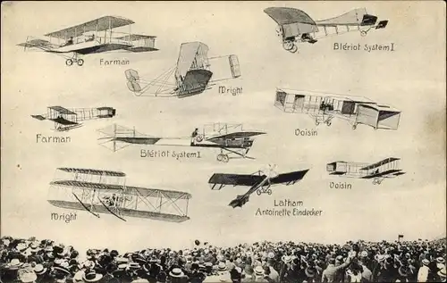 Ak Aviation, Flugzeuge Farman, Wright, Blériot System I, Voisin, Latham Antoinette Eindecker