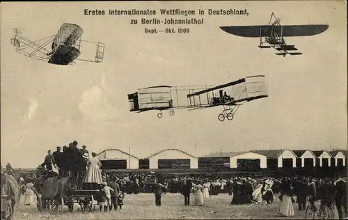 Ak Berlin Treptow Johannisthal, Erstes Internationales Wettfliegen in Deutschland 1909, Flugzeuge
