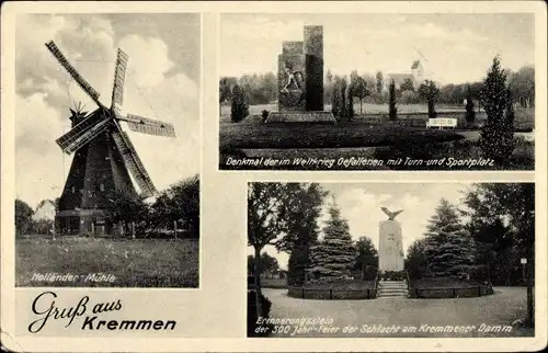 Ak Kremmen in der Mark, Holländermühle, Kriegerdenkmal, Denkmal Schlacht am Kremmener Damm