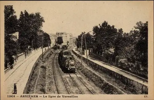 Ak Asnières sur Seine Hauts de Seine, La ligne de Versailles, Dampflok, Bahnschienen