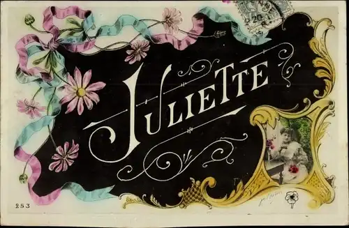 Buchstaben Ak Vorname Juliette, Frauenportrait, Blumen