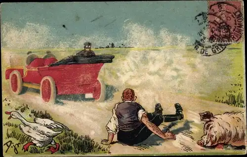 Künstler Ak Automobil auf einer Landstraße, Staubwolke, Bauer, Schwein, Gänse