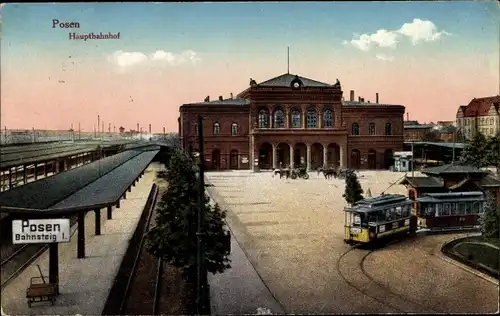 Ak Poznań Posen, Blick auf den Hauptbahnhof, Bahnsteig I., Straßenbahn