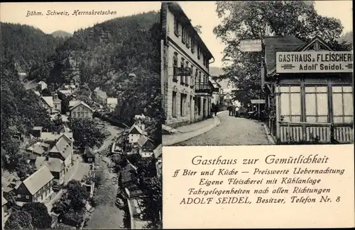 Ak Hřensko Herrnskretschen Elbe Reg. Aussig, Gasthaus zur Gemütlichkeit, Inh. Adolf Seidel