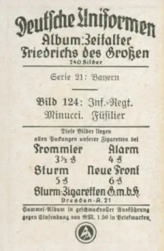 Sammelbild Deutsche Uniformen, Zeitalter Friedrichs des Großen, Serie 21 Bild 124 Inf. Rgt. Minucci