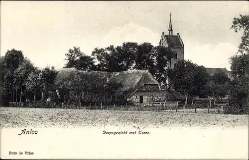 Ak Anloo Drenthe, Dorpsgezicht met Toren