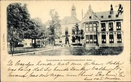 Ak Assen Drenthe Niederlande, Gemeentehuis met Gouvernementsgebouw