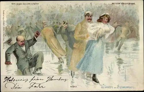 Halt gegen das Licht Litho Winter und Sommer, Eisläufer, Allegorie, Meteor 573