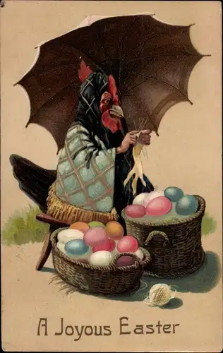 Präge Ak Glückwunsch Ostern, Huhn als Eierverkäuferin, Schirm, Stricken