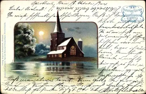 Litho Landschaft mit Kirche im Mondschein, Reklame, Stukenbrok Fahrräder Einbeck