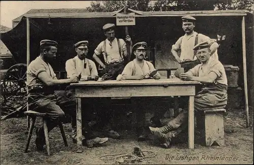 Ak Die lustigen Rheinländer, Deutsche Soldaten in Uniformen, Kartenspiel, I WK