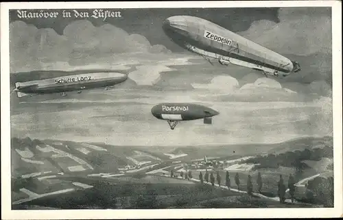 Ak Manöver in den Lüften, Schütte Lanz, Zeppelin, Parseval, Deutscher Luftflotten Verein
