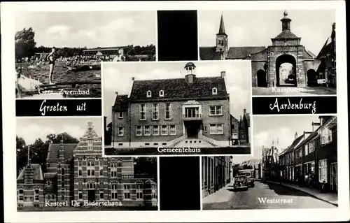 Ak Aardenburg Sluis Zeeland Niederlande, Gem. Zwembad, Kaalpoort, Weststraat, Kasteel De Eiderschans